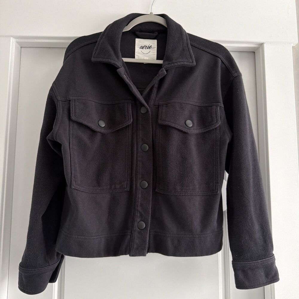 Aerie Black Cotton Shacket Snap Button Pocket Jacket Women xs oversized